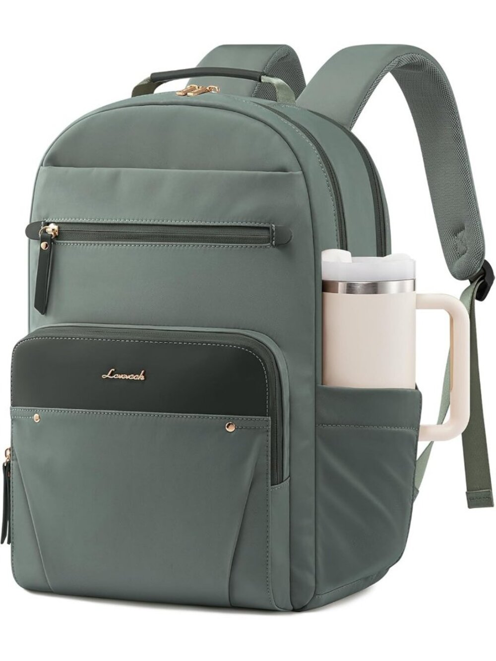 Stylish Laptop Backpack for Women, Leather Trim, Tumbler Pockets, 15.6" Work